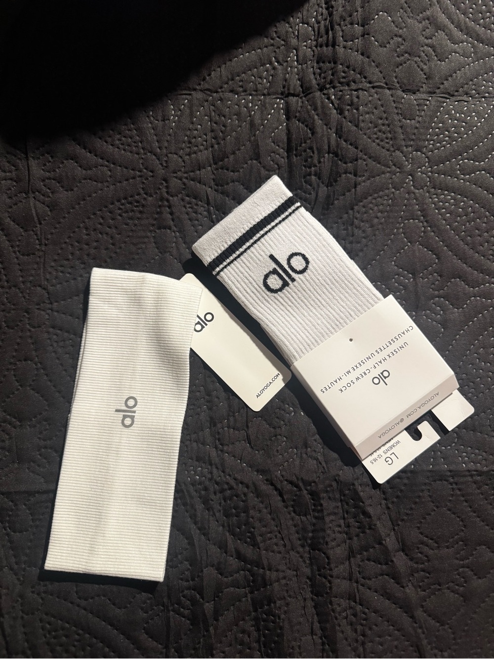 ALO Yoga Men's White Athletic Crew Socks with Black Logo Stripe